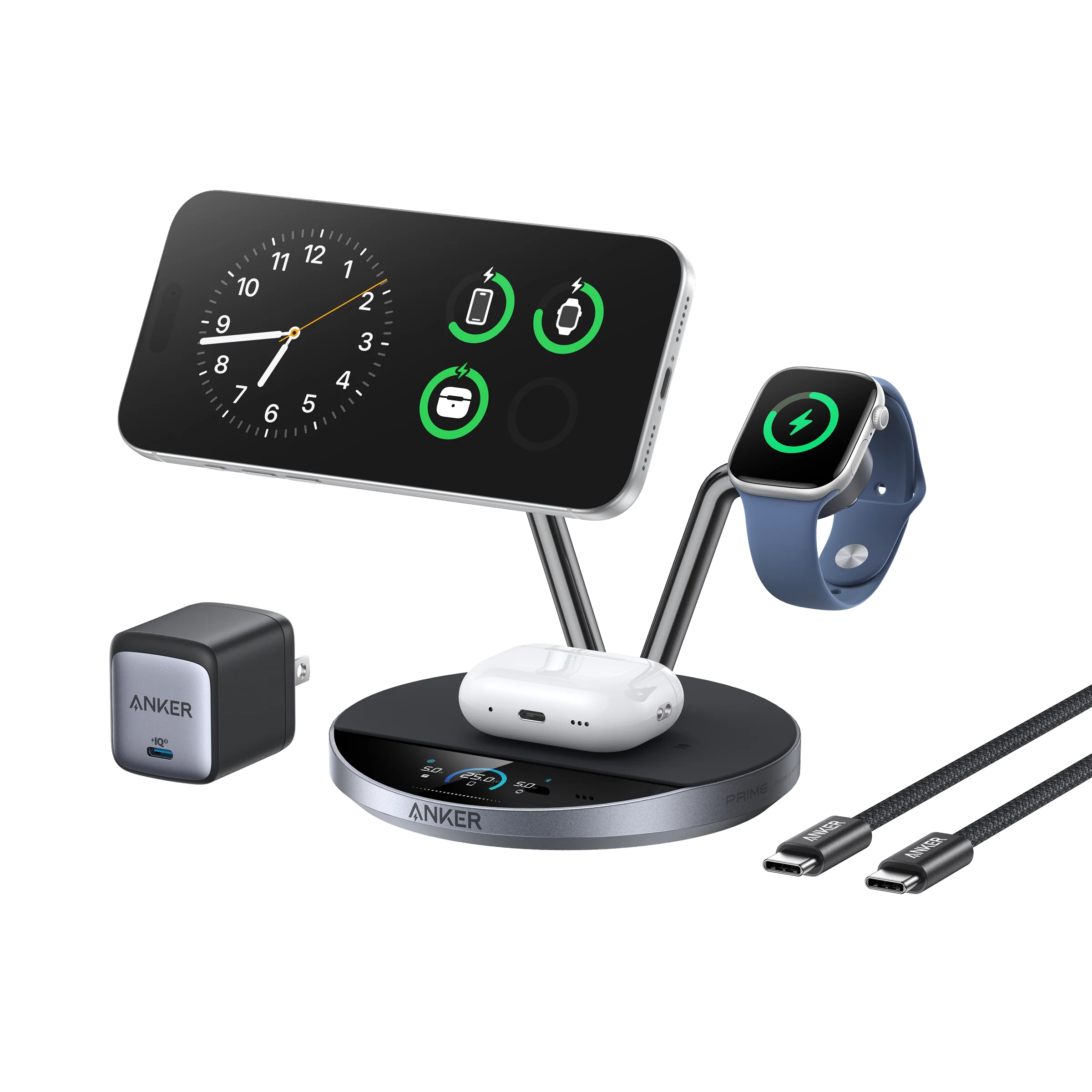 Anker Prime 3-in-1 MagGo Wireless Charging Station | 25W Fast MagSafe Charger with TEC Cooling & Smart Display